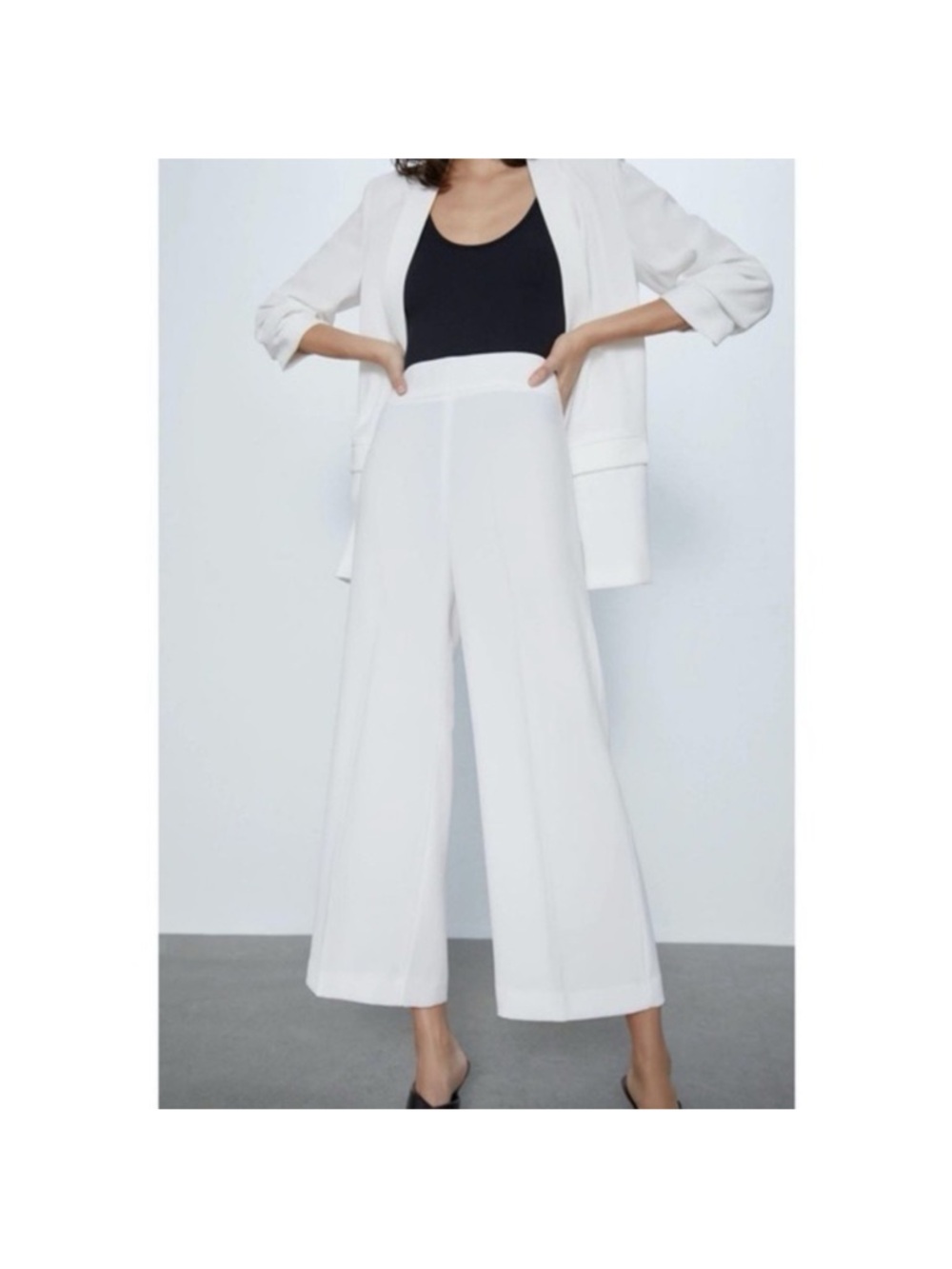 Zara White Wide-Leg Cropped Trousers